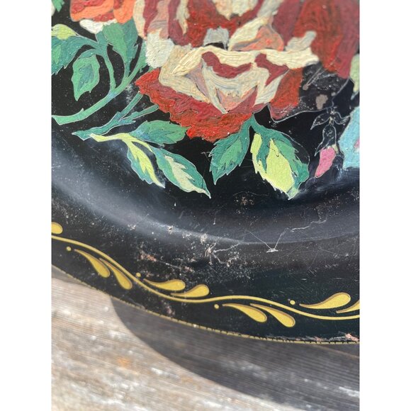 Antique 1930s Metal Toleware Hand Painted wall Plate Roses Flowers - Picture 7 of 16